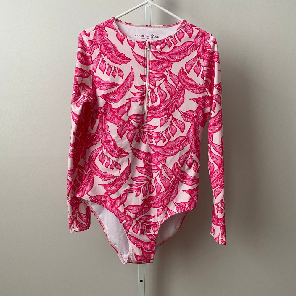 Caribbean Joe Tropical Beachy Pink Palm Leaf Rash Guard Swimsuit XL Pink